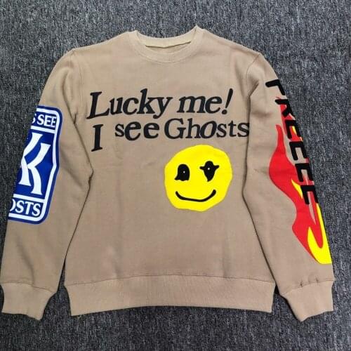 Best Quality Kanye West Kids See Ghosts Smile Face Flocking Women Men Sweatshirts Hoodie Hiphop Men Sweatshirt Pullover