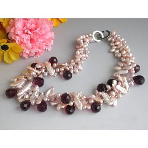 Unique Pearl Jewelry 3 Rows 18'' Lavender Rice Biwa Freshwater Pearl Drip Cultured Crystal Necklace Handmade Perfect Women Gift