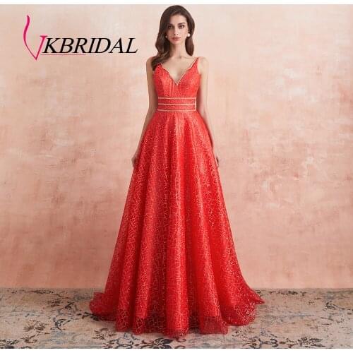 VKBRIDAL Long Evening Dress Long with Train Elegant Homecoming Party Dresses V Neck Tulle Sparkle Crystal Luxury Prom Gown 2020