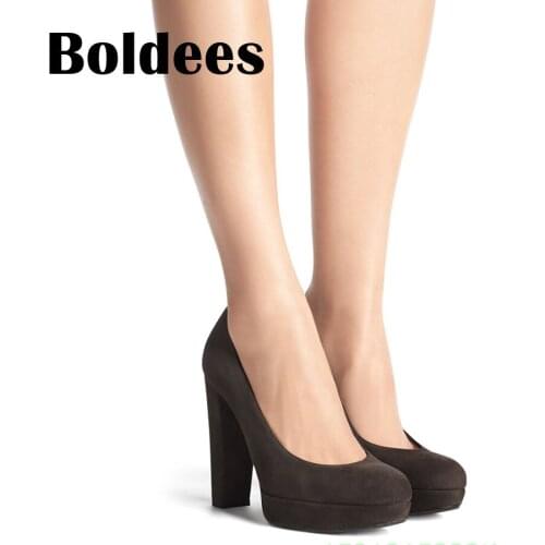 Boldee 2018 Platform Round Toe Block Heeled Women Dress Shoes Sexy High Heels Office Lady Suede Leather Comfortable Woman Pumps
