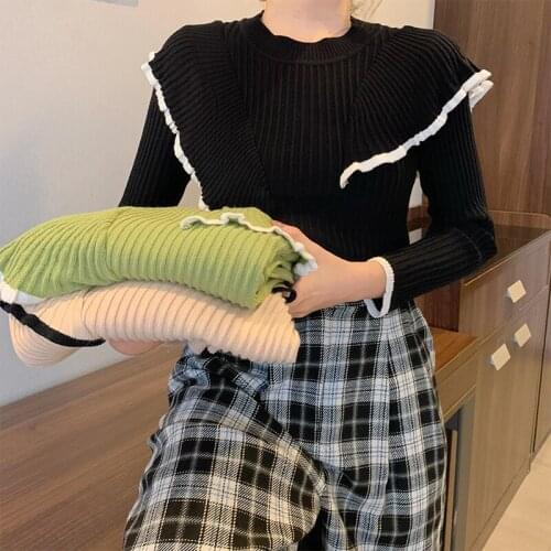 Ruffle Knitted Sweater Womens Autumn And Winter New Korean Slim Long Sleeve Top