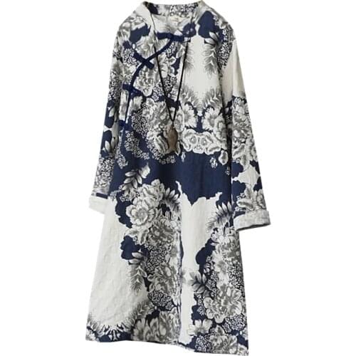 Women Linen Dress Print Ink 2021 Autumn New China National Cotton Long Sleeve Long Plate Buckles Vintage Loose Women Rob