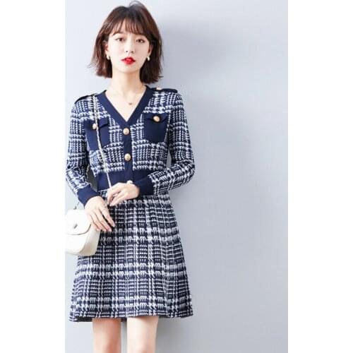 New Women Autumn Knitting Dresses Korean Elegant V-Collar Long Sleeve Single Breasted Houndstooth Mini Sweater Dress