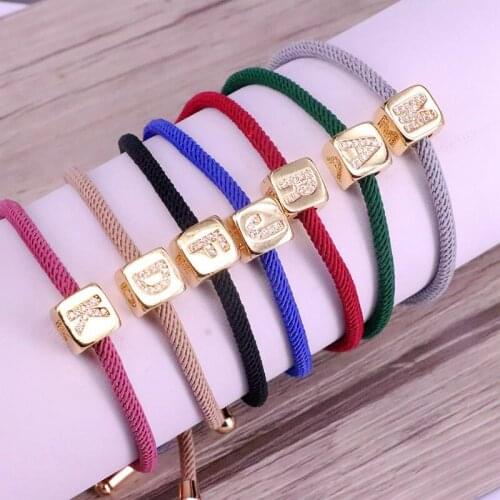 10PCS Handmade Charms Bracelets Micro Pave CZ Cubic Zirconia 26 English alphabet Adjustable Cotton Rope Bracelets