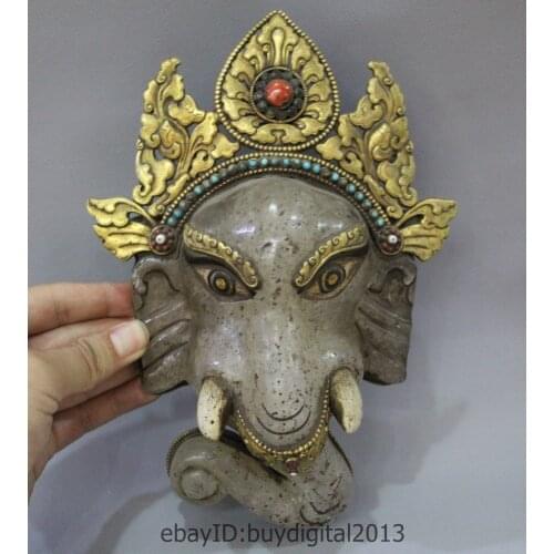10" Tibet Buddhism Temple Crystal Bronze 24K Gold Gem Elephant Head Mask Statue