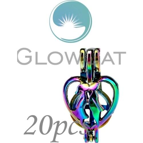 20x CC609 Rainbow Colors Lover Kiss Heart Beads Cage Jewelry Making Essential Oil Diffuser Oyster Pearl Cage Locket Pendant
