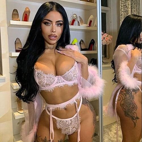 3 Pcs Women Sexy Set, See-through Eyelash Lace Bra with Spaghetti Straps + Thong + Garter Belt