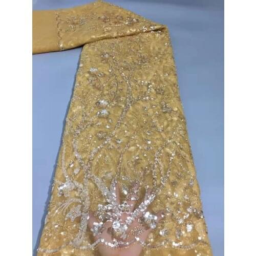 5yards/pcs) High quality gold African tulle lace fabric with tube beads and sequins excellent embroidered French net lace