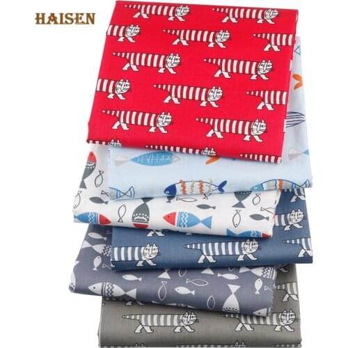 6 pcs/lot,Cartoon Cat Fish Series Printed Twill Cotton Fabric Patchwork Cloth For DIY Sewing&Quilting Doll Crafts Set Material