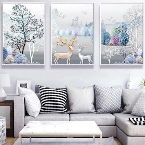 Abstract Pachira Macrocarpa Deer Nordic Living Room Decorative Painting Home Poster Hotel School Shop Pictire Snow Scene winter