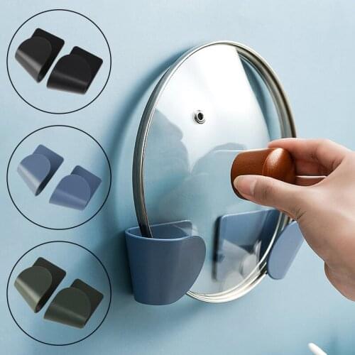 2pcs/set Pot Lid Holder WallMounted Hanging Hook for Pan Cover Rack Kitchen Organizer Plastic Self Adhesive Kitchen Storage Rack