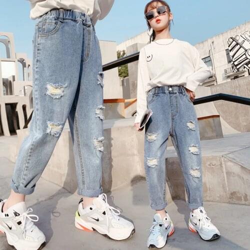 2021 Spring Kids Jeans Girl Solid Jeans For Girls Fashion Bow Girls Jeans Pants Autumn Casual Girls Clothes 6 8 10 12 Year