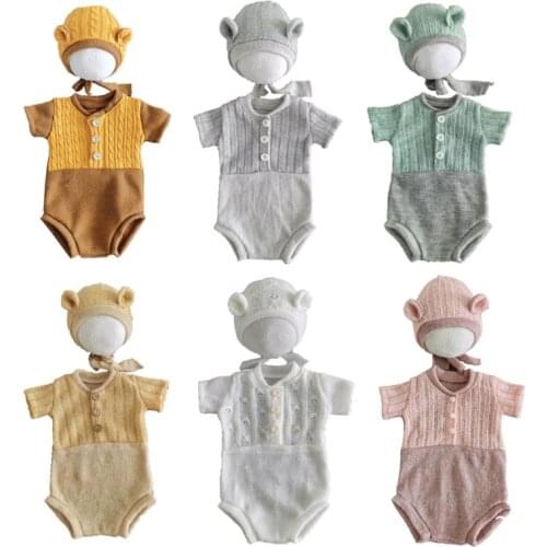 2Pcs Newborn Photography Props Suit Lace Romper Hat Set Knit Outfits Clothing Infants Shooting Photo Gifts