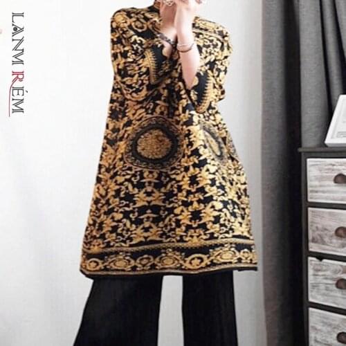 LANMREM 2021 Autumn Vintage Dress New Fashion High Collar Retro Print Temperament Long Sleeve Dresses Female Elegant PA597