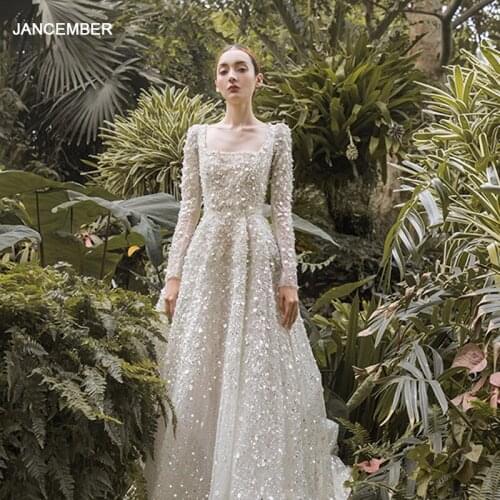 LDR51 White Light Wedding Dress 2021 Bridal Long Sleeve Square Collar Metal Sequins Trailing Dress Womens Gown Robe De Mariée