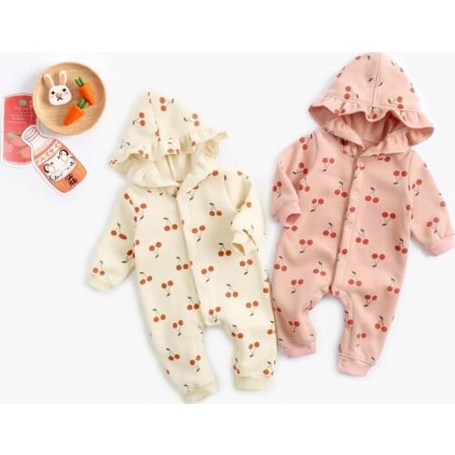 Cute Newborn Onesie Clothing Overalls Cherry Autumn Winter Baby Fleece Hooded Romper Toddler Jumpsuit Costume Baby Girls Clothes