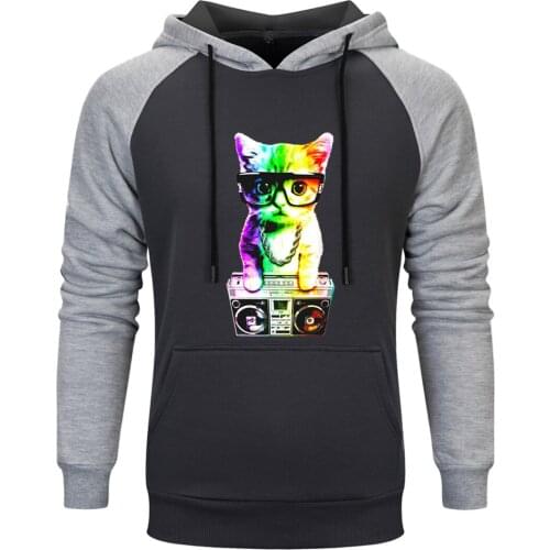 Colored Cat Raglan Hooded Mens K-pop Hip Hop Sweatshirts and Hoodie Standard Leisure Pullovers Tops Fashion Tracksuits Homme