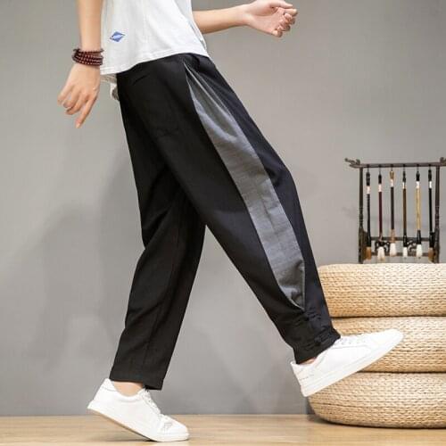 Autumn New Chinese Style Mens Pants Large Loose Linen Nine Point Pants Retro Cotton Linen Pants Coil Buckle Plus Size
