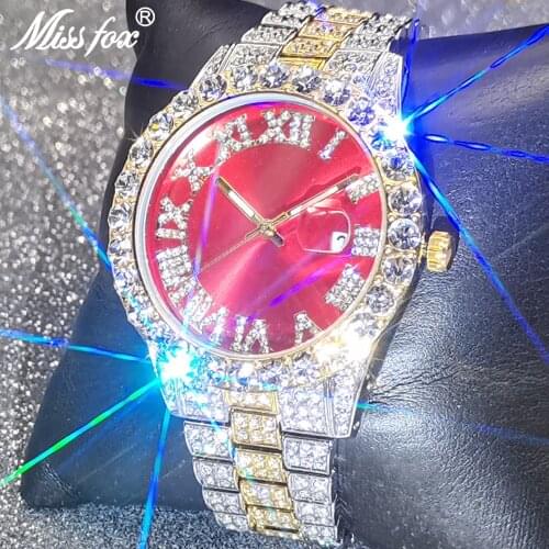 MISSFOX Men Watches Top Design Brand Luxury Iced Out AAA Diamond Bling Red Watch Stainless Steel Business Sport Clocks Jewelry
