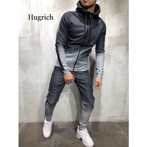 New Fashion Men Tracksuit Sets Hoodie Sweatsuit Slim Fit Joggers Gym Color Gradient Suit