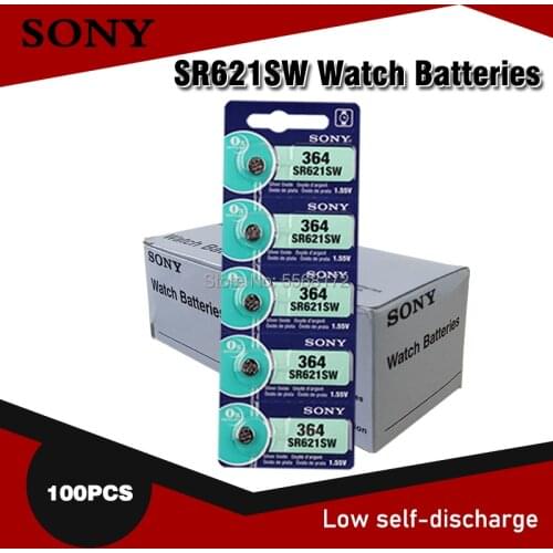 Original Sony 100pcs SR621SW Silver Oxide for Watch 6.8mm*2.1mm AG1 364 164 D364 L621 GP364 Button Cell Coin Batteries