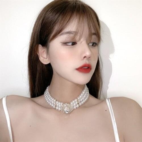Origin Summer French Vintage Multi-layer Imitation Pearl Chokers Necklace for Women Shining Rhinestone Beaded Necklace Jewellery