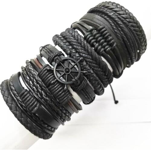 Black Rudder Wing Star Life Tree Punk Trendy Boho Black Leather Bracelet Men Weave Wrap Homme Bracelets for Women Jewellery