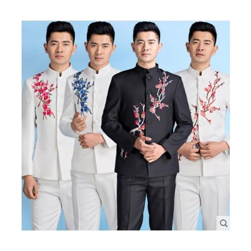 Embroidered slim Chinese tunic suit men suit set with pants mens wedding suits white formal dress mens groom suit + pant 4xl