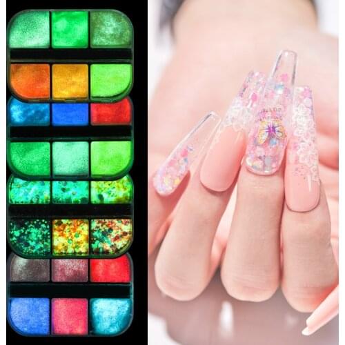6 Grids Luminous Nail Powder Glow In Dark Neon Pigment Fluorescent Nail Glitter Reflective Spray Dust Design Decor For Manicure