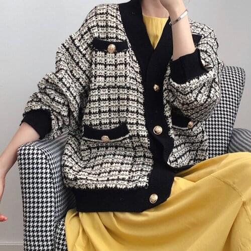 Vintage Black Golden Single Breasted Cardigans Women Long Sleeve Sweater Casual Female 2020 Autumn Winter Outwear