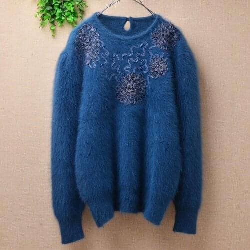 Ladies women clothing vintage beaded autumn winter angora rabbit fur knitted long sleeves slim blouses pullover jumper sweater