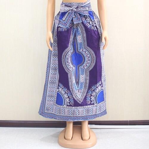 Purple Cotton Wax Womens Skirt Elastic Waist Pocket Dashiki Traditional Print African Long Skirt
