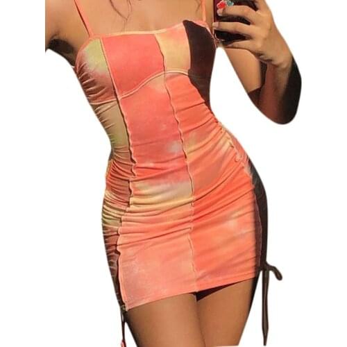 Women Spaghetti Strap Tie-Dye Off Shoulder Ruched Drawstring Bodycon Mini Dress Y1QD