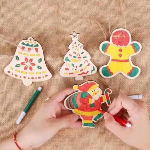 1/set Wooden DIY Kids Puzzle Gift Coloring Board Color Painting Pendant Christmas Tree Decorations Pendants Hanging Ornament