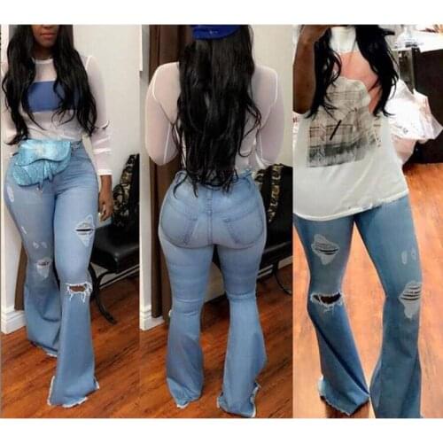 5xl Plus Size for Women Bell Bottom Jeans Slim Fit Ripped Flare Jeans Denim Ladies Grunge Push Up High Waist Free Shipping Blue