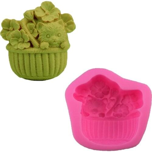 Flower Cat Bamboo Basket Silicone Fondant Soap 3D Cake Mold Cupcake Jelly Candy Chocolate Decoration Baking Tool Moulds H438