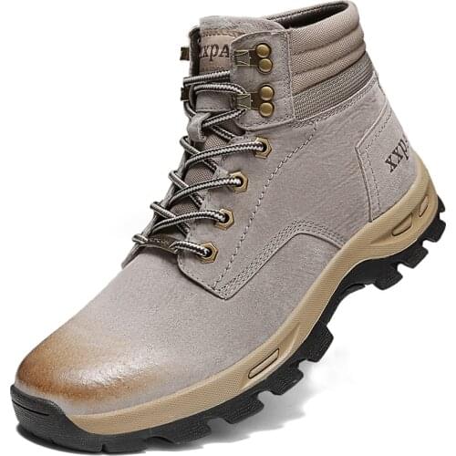 Fashion high-end leather mens Martin boots, casual non-slip work boots, high-top motorcycle boots, lace-up brown handmade boots