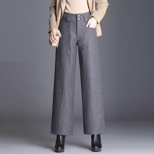 Winter Fall Formal Women Wide Leg High Waist Grey Black Loose Elegant Woolen Trousers , Female Woman Winter Wool Formal Pants