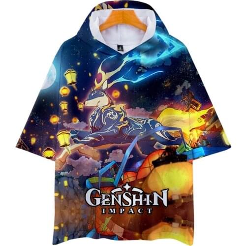 Genshin Impact T shirt Hoodies Thin section Breathable Summer Mens Short Sleeves hoodie Anime 3D Print Students Personality Top