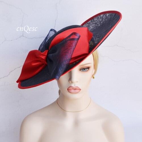 Red/navy X Large saucer hatinator Sinamay base fascinator wedding hat with large bow for Kentucky Derby,races