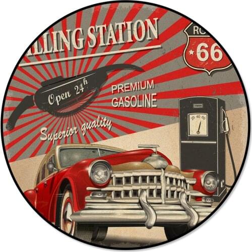 Round Carpet Retro Car Poster Route 66 Abraham Microfiber Shaggy Kitchen Rugs Living Room Pet Feeding Restaurant Indoor Mat