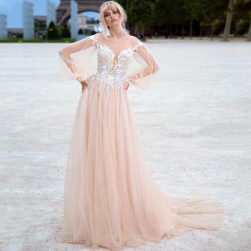 Scoop Long Sleeve Appliques Lace A-Line Tulle Wedding Dress 2021 Vestido De Noiva Bridal Gown