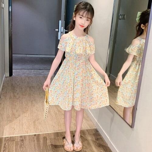 Fashion Pink Summer Girls Floral Dress Chiffon Off Vintage Shoulder Yellow Flower Girl Dress Princess Robe Kids Dress BW50DR