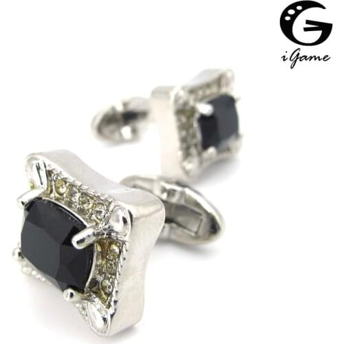 IGame Mens Black Cuff Links Silver Color Brass Material Crystal Design Shirt Cufflinks Free Shipping