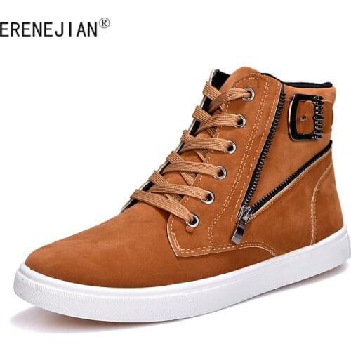 ERENEJIAN Mens Fashion Autumn Winter Ankle Boots High Top Canvas Shoes For Male Zip Buckle Sneakers Flat Footwear