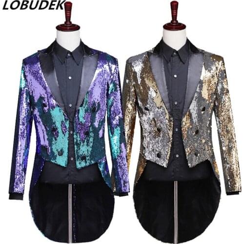2019 New Design Sequined Swallowtail Flip Sequins Tailcoat Coat Magician Performance Clothing Male Singer Host Stage Costume