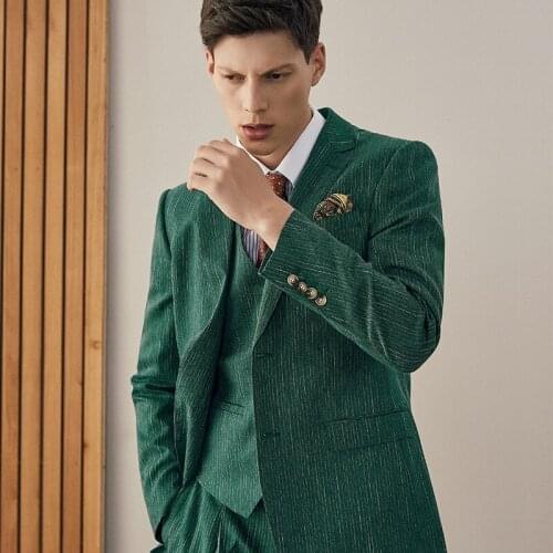 2021 New Arrivals Business Man Wedding Dress Suits Men Fashion Green Blazer + Vest + Pant 3pcs Set Slim Style Plus Size 58