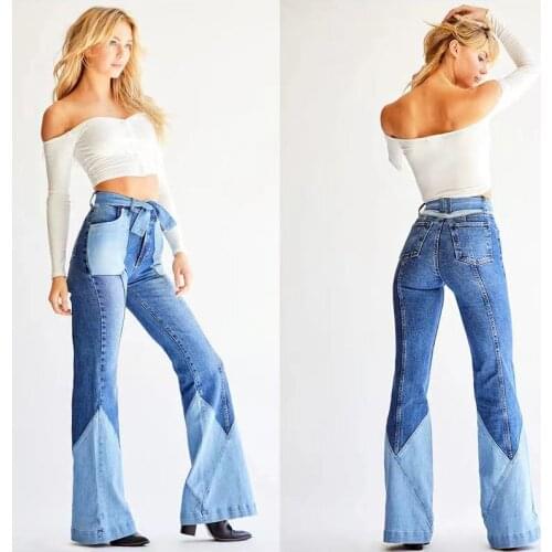 Autumn New Ladies Jeans High Waist Casual Stitching Color All-match Hip-lifting Fashion Woman Denim Flared Trousers WS147