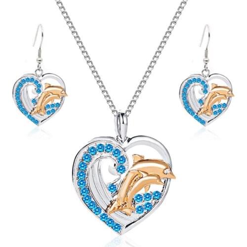 Trendy Dolphin Heart Pendant Necklace Blue Crystal Rhinestone Whale Wave Chain Necklaces Chokers Jewelry Love Gifts