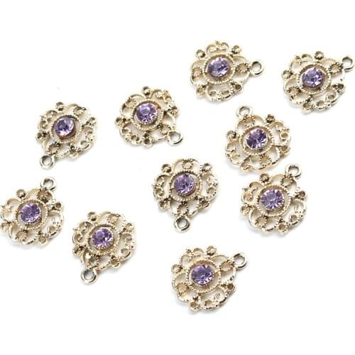 Zinc Based Alloy Charms Hollow Flower Pendants Gold Color Purple Rhinestone 17*15mm For DIY Necklace Earring Jewelry, 10 PCs